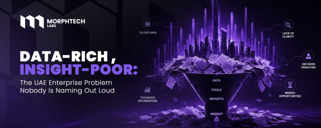 Insight gap - MorphTech Labs blog cover showing data pouring into a funnel and collapsing into rubble, ringed with siloed data, lack of clarity and decision paralysis icons