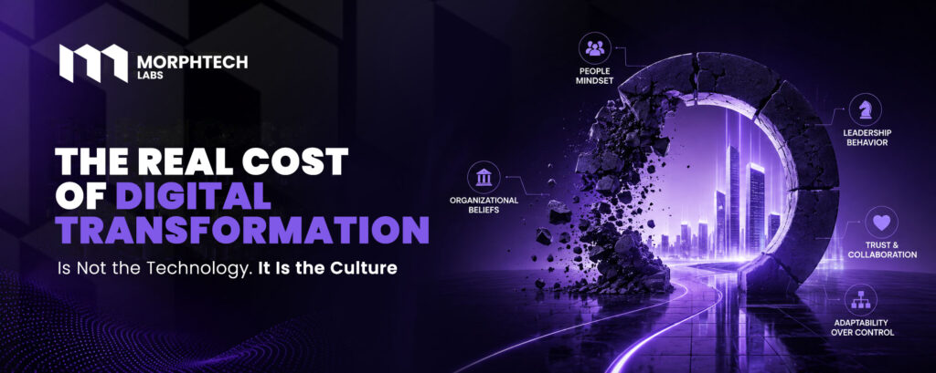 Cost of digital transformation - MorphTech Labs blog cover showing a glowing city breaking through a wall, ringed with people, leadership, trust and adaptability icons