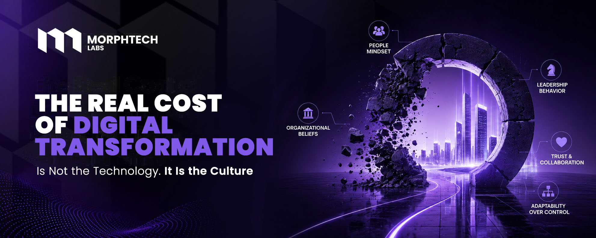 Cost of digital transformation - MorphTech Labs blog cover showing a glowing city breaking through a wall, ringed with people, leadership, trust and adaptability icons