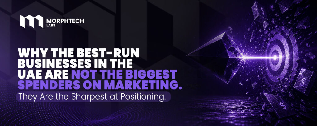 Positioning — MorphTech Labs blog cover showing a faceted arrow striking the centre of a target as dollar-sign cards scatter around it