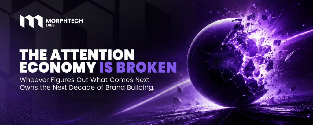 The attention economy is broken — MorphTech Labs blog cover showing a dark planet shattering into glowing purple fragments as a comet streaks past